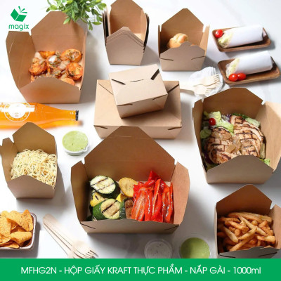 MFHG2N - 100 hộp giấy kraft thực phẩm 1000ml, hộp giấy nắp gập màu nâu đựng thức ăn, hộp giấy nắp gài gói đồ ăn mang đi 