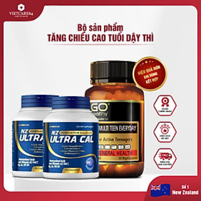 Bộ Sản Phẩm Tăng Chiều Cao Tuổi Dậy Thì: 2 Hộp Canxi Hữu Cơ Nano NZ Ultra Cal 30 Viên & Viên Đa Vitamin Tuổi Teen Go Multi Teen Everyday 60 Viên