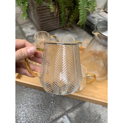 Bộ bình + 6 cốc sần họa tiết lá lúa