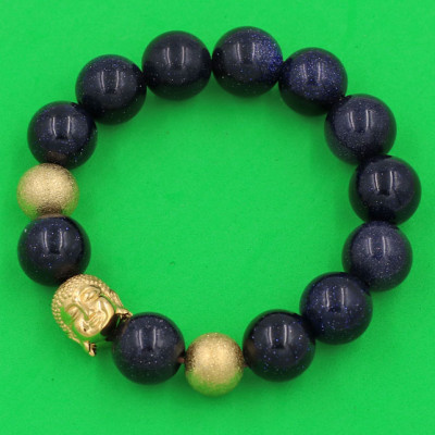 Chuỗi hạt đeo tay Đá Lam Sa 14 ly - Vòng tay Phật A Di Đà inox vàng VLSNLVHB14 - hợp mệnh Thủy, mệnh Mộc - Vòng đeo tay size lớn