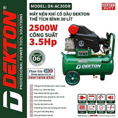 Máy Nén Khí Dekton DK-AC30DR 3.5HP/2500W/ Có Dầu / Bình 30L - Lưu Lượng 170L/Phút- Lên hơi nhanh.