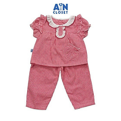 Bộ quần dài áo tay ngắn bé gái họa tiết Caro đỏ bèo cotton - AICDBGZADZBR - AIN Closet