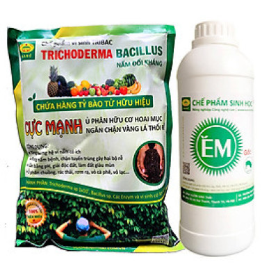 Combo Chế phẩm EM gốc và Chế phẩm vi sinh Trichoderma TRIBAC nấm đối kháng. Ủ phân cá, rác bã hữu cơ hoai mục nhanh không mùi hôi. Ngăn chặn nấm bệnh gây thối rễ vàng lá. HSD 2 năm