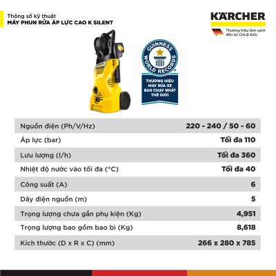 (Mới 2025) Máy phun rửa áp lực cao Karcher K 2 HR - Công suất 1400W, áp lực 110 bar phù hợp rửa xe - Bảo hành 24 tháng - Hàng Chính Hãng