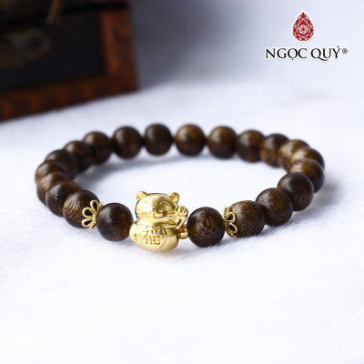 Vòng trầm hương tốc charm mèo thần tài - Ngọc Quý Gemstones
