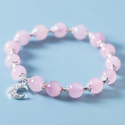 Vòng tay đá thạch anh hồng charm mặt trăng mệnh hỏa, thổ - Ngọc Quý Gemstones