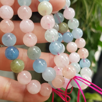  Vòng tay chuỗi đá Beryl tự nhiên đa sắc màu tươi sáng bóng mượt đẹp size hạt 9mm là sự phối hợp tông màu hồng ngọt ngào với xanh dương xanh nước biển đậm nữ đeo tay đẹp xinh tay may mắn tốt cho sức khỏe công việc tài lộc ạ