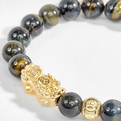 Vòng tay mắt hổ xanh đen thiên nhiên phối tỳ hưu mạ vàng Ngọc Quý Gemstones