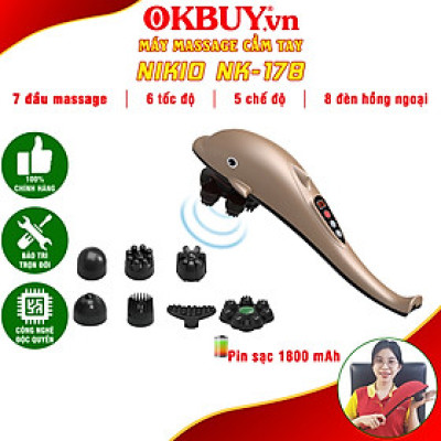 Máy Massage Cầm Tay Cá Heo Nikio NK-178 Dòng Cao Cấp - 6 Cấp Độ, Pin Sạc Không Dây, Cán Tay Dài Hỗ Trợ Mát Xa Toàn Thân, Với 7 Đầu Mát Xa Cải Tiến Mát Xa Giảm Đau Cơ, Khớp - Tăng Tuần Hoàn Máu