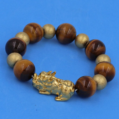 Vòng tay Tỳ Hưu inox mix Đá Mắt Hổ Vàng Đen size 16 ly phối 6 bi - hợp mệnh Thổ, mệnh Kim - Vòng size XXL