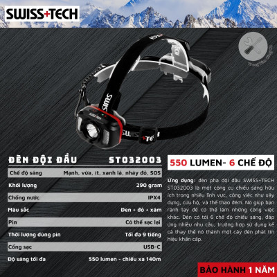 Đèn pin đội đầu siêu sáng SWISS+TECH ST032003 (550 Lumen – 140m) - Hàng chính hãng