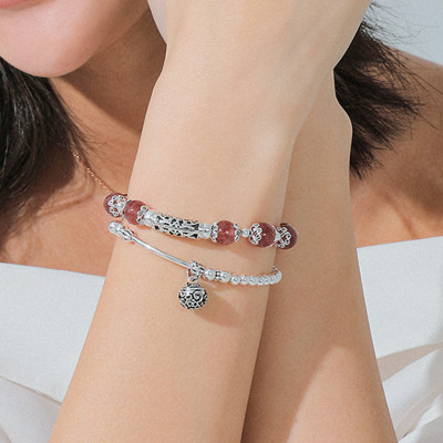 Vòng 2 line đá thạch anh dâu phối charm bạc mệnh hỏa, thổ - Ngọc Quý Gemstones