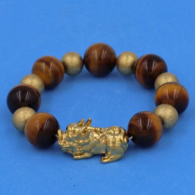 Vòng tay Tỳ Hưu inox mix Đá Mắt Hổ Vàng Đen size 16 ly phối 6 bi - hợp mệnh Thổ, mệnh Kim - Vòng size XXL