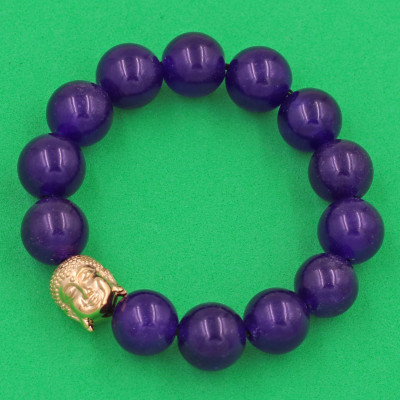 Vòng đeo tay Thạch Anh Tím 14 ly cẩn hạt Phật A Di Đà inox vàng VTAINLV14 - hợp mệnh Hỏa, mệnh Thổ