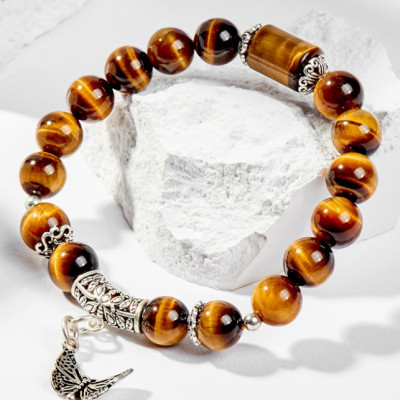 Vòng Tay Phong Thủy Nữ Đá Mắt Hổ Vàng Nâu Phối Charm Bướm Bạc (8mm) Mệnh Thổ, Kim Ngọc Quý Gemstones