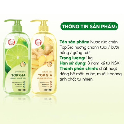 Nước rửa chén bát TopGia hương chanh chiết xuất tự nhiên làm sạch dầu mỡ bảo vệ da tay chai 1kg