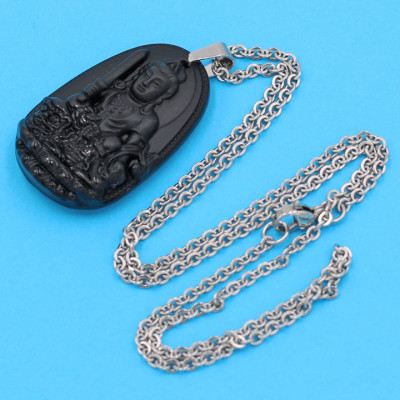 Vòng cổ phật Văn Thù Bồ Tát - thạch anh đen 3.6cm DITTEB3 - dây inox bạc - kèm hộp nhung - tuổi Mão