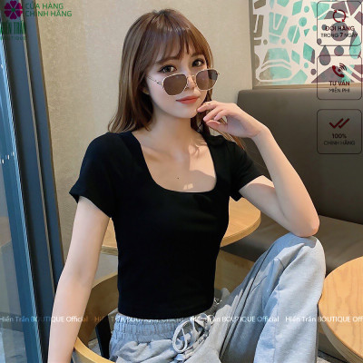 Áo phông nữ Hiền Trần BOUTIQUE cổ vuông cộc tay form đẹp thun trơn co giãn tốt màu đen trắng thời trang basic