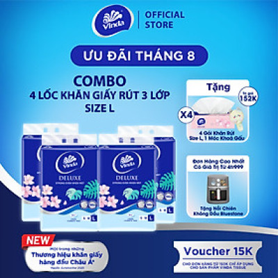 [MUA 4 LỐC SIZE L TẶNG 4 GÓI KHĂN RÚT SIZE L + 1 MÓC KHÓA] Khăn giấy rút cao cấp Vinda Deluxe 3 lớp 110 tờ size L (4 Gói)
