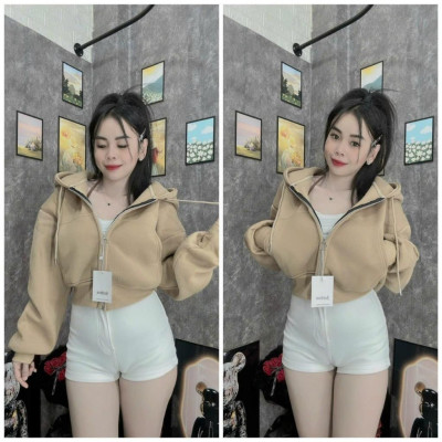 Áo khoác nỉ croptop tay dài trơn có mũ chùm đẹp hàng rất đẹp-A2029