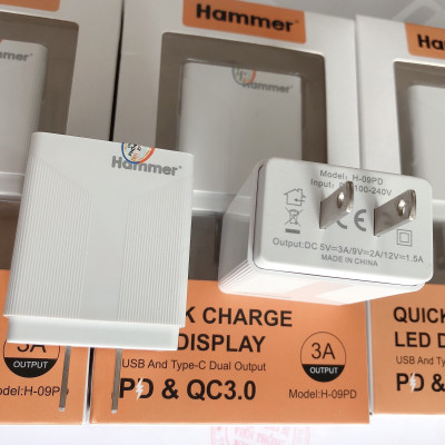 Củ sạc nhanh Ham mer H09 công suất 18W, PD & Quick Charge 3.0A, có LCD hiển thị dòng điện, Hàng chính hãng bảo hành 12 tháng