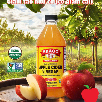 Giấm Táo Hữu Cơ Bragg Chai 473ml - Có Giấm Cái Hỗ Trợ Giảm Cân, Detox Cơ Thể, Nhập Khẩu Chính Hãng Từ Mỹ