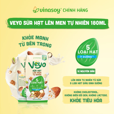 Thùng Sữa hạt Veyo lên men tự nhiên Vị Nguyên bản Ít đường (30hộp x 180ml)