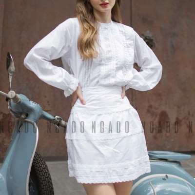 Set áo váy trắng phối ren NGADO , set áo váy trắng , set áo váy nữ