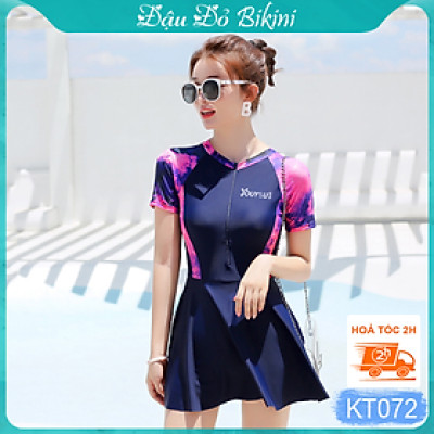 Đồ bơi áo tắm liền thân nữ cao cấp dáng váy xòe, dấu bụng mông đùi tốt, tôn dáng quyến rũ, có size lớn, chất bơi thun lạnh Hàn mịn đẹp | KT072