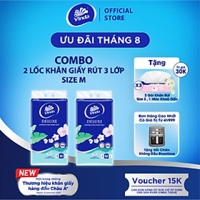 [MUA 2 LỐC KHĂN RÚT SIZE M TẶNG 3 GÓI SIZE S+ 1 MÓC KHÓA] Khăn giấy rút cao cấp Vinda Deluxe 3 lớp 90 tờ size M (5 Gói)