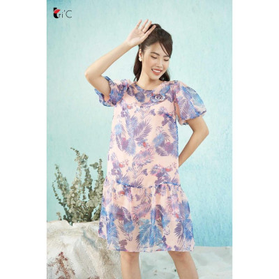 Đầm suông họa tiết Tropical, tay bồng, đính bông Tri