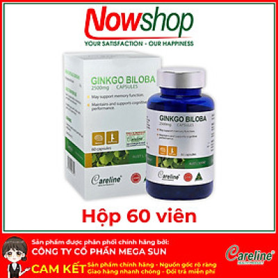 Ginkgo Biloba 2500mg Careline hộp 60 viên tăng tuần hoàn não giảm đau đầu chóng mặt tiền đình