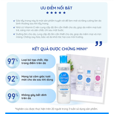 Sữa tẩy trang rửa mặt Evoluderm bổ sung Vitamin E giúp dưỡng ẩm và làm tươi trẻ làn da 500ml