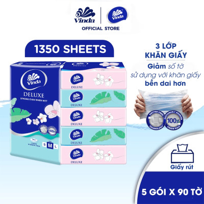 [MUA 4 LỐC KHĂN RÚT SIZE M TẶNG 3 GÓI KHĂN RÚT SIZE L + 1 MÓC KHÓA] Khăn giấy rút cao cấp Vinda Deluxe 3 lớp 90 tờ size M (5 Gói)