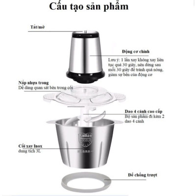 Máy Xay Thịt Đa Năng Cối Inox 2 Lít Dao Thép 4 Lưỡi Siêu Khoẻ - Hàng nhập khẩu
