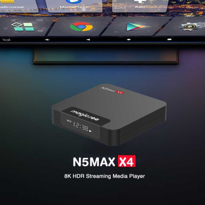 Android tivi box magicsee n5 max x4 Rom 64G Ram 4G  điều khiển giọng nói tiếng Việt kiêm bàn phím chuột bay có đèn nền wifi 2 băng tần bluetooth S905X4 cài sẵn phim, truyền hình cáp miễn phí vĩnh viễn - Hàng nhập khẩu