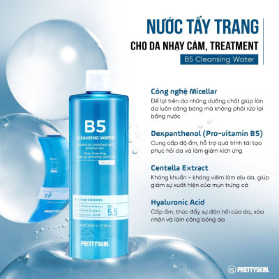Nước tẩy trang dưỡng ẩm, dịu nhẹ B5 Pretty Skin Cleansing Water dành cho da nhạy cảm, da treatment 500ml
