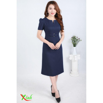 Đầm Suông Xanh Đen Phối Khuy Che Bụng Béo DL670
