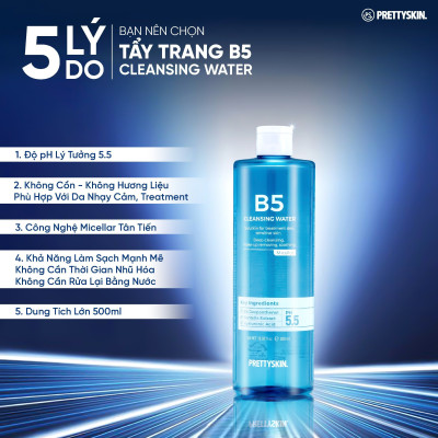 Nước tẩy trang dưỡng ẩm, dịu nhẹ B5 Pretty Skin Cleansing Water dành cho da nhạy cảm, da treatment 500ml