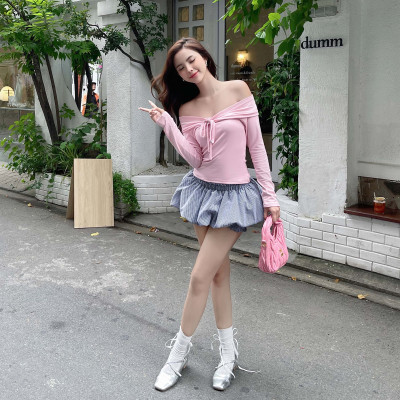 DOTTIE - Áo thun dài tay nhún ngực - Hồng - T1049