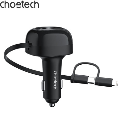 Tẩu sạc nhanh trên ô tô 75W Choetech TC0036 tích hợp cáp sạc rút Type C kèm đầu nối IP - Hàng chính hãng