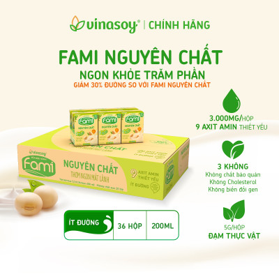 Thùng Sữa đậu nành Vinasoy Fami Nguyên Chất ít đường (200ml x 36 Hộp)