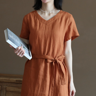 Đầm váy linen nữ dáng suông dài cổ tim, phong cách nữ thanh lịch Haint Boutique Da193