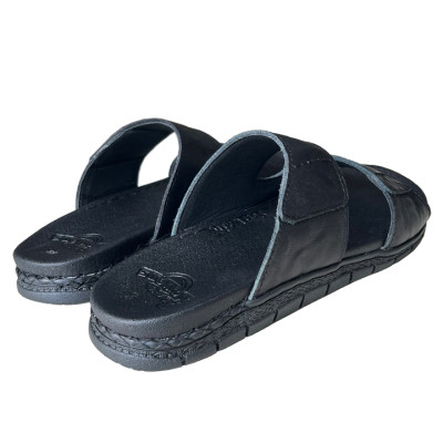 Dép  da Nam quai ngang đế cao 3.5cm Trường Hải may viền da bò thật Màu đen QN155 