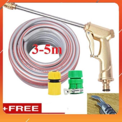 Bộ dây vòi xịt nước rửa xe, tưới cây ,tăng áp 3 lần,loại 3m,5m 206701-3 đầu đồng,cút nối nhựa vàng+  mở chai