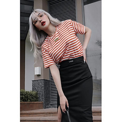 LAAS Áo thun logo fabric sọc form cơ bản nhiều màu