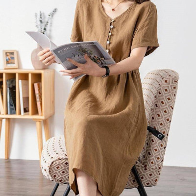 Đầm nữ cổ V phong cách Hàn Quốc thanh lịch, chất linen mát, dầm có túi siêu xinh NH173 nâu