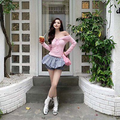 DOTTIE - Áo thun dài tay nhún ngực - Hồng - T1049