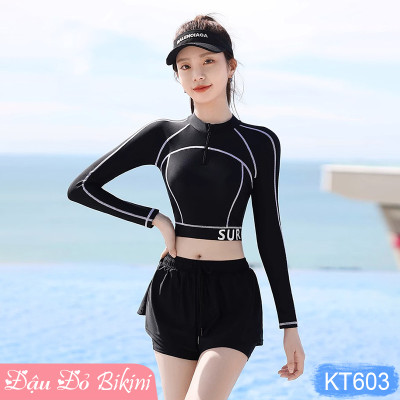 Bộ bơi nữ trẻ trung cá tính, áo crop top dài tay kín đáo có khóa kéo trước, quần bơi 2 lớp thể thao hiện đại, thun bơi lạnh mịn đẹp | KT603