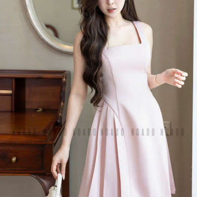Đầm hồng cổ vuông xếp ly NGADO , đầm xếp ly , đầm dự tiệc , công sở